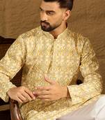 Men yellow viscose rayon geometric printed straight kurta
