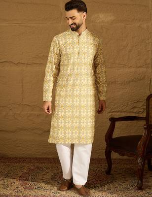 Men yellow viscose rayon geometric printed straight kurta 2