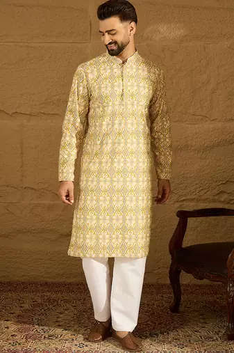 Men yellow viscose rayon geometric printed straight kurta