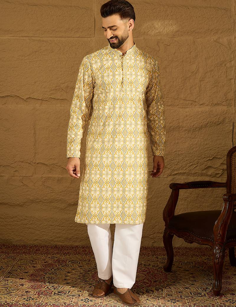 Men yellow viscose rayon geometric printed straight kurta