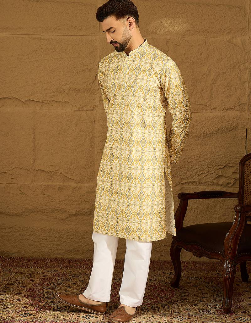 Men yellow viscose rayon geometric printed straight kurta
