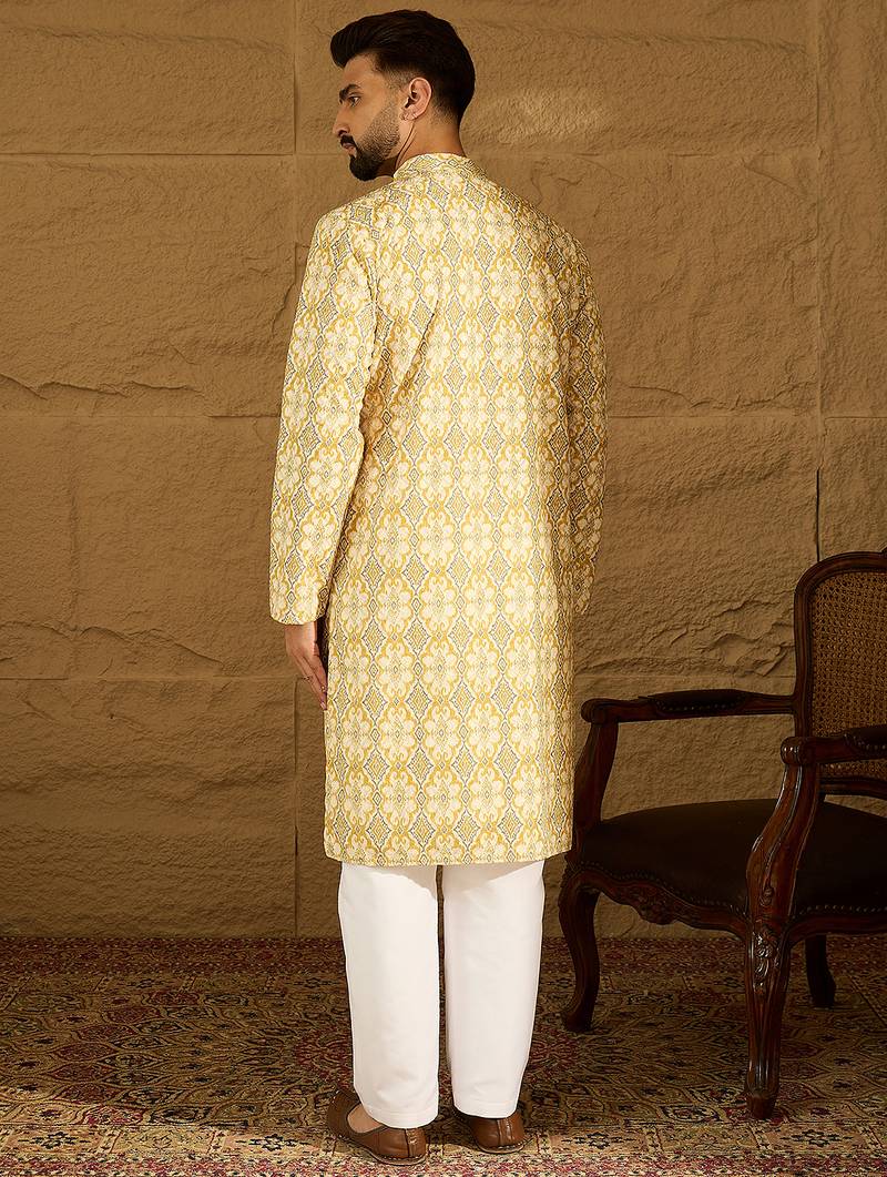 Men yellow viscose rayon geometric printed straight kurta