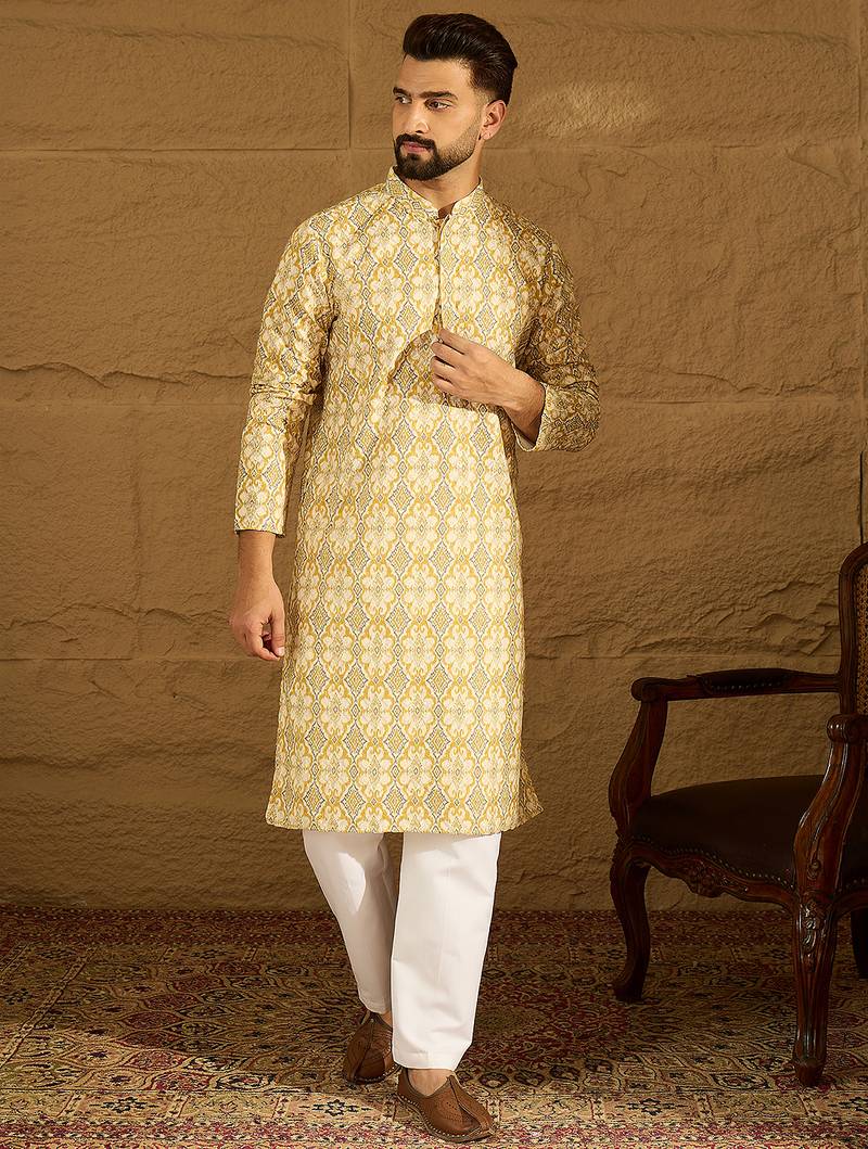 Men yellow viscose rayon geometric printed straight kurta