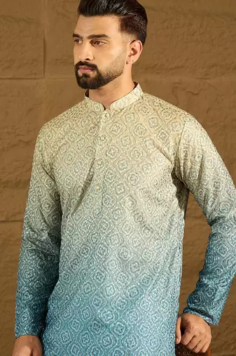 Men blue cotton bandhani embroidered straight kurta