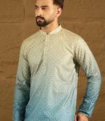 Men blue cotton bandhani embroidered straight kurta