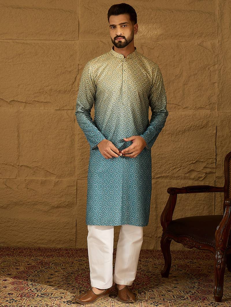 Men blue cotton bandhani embroidered straight kurta