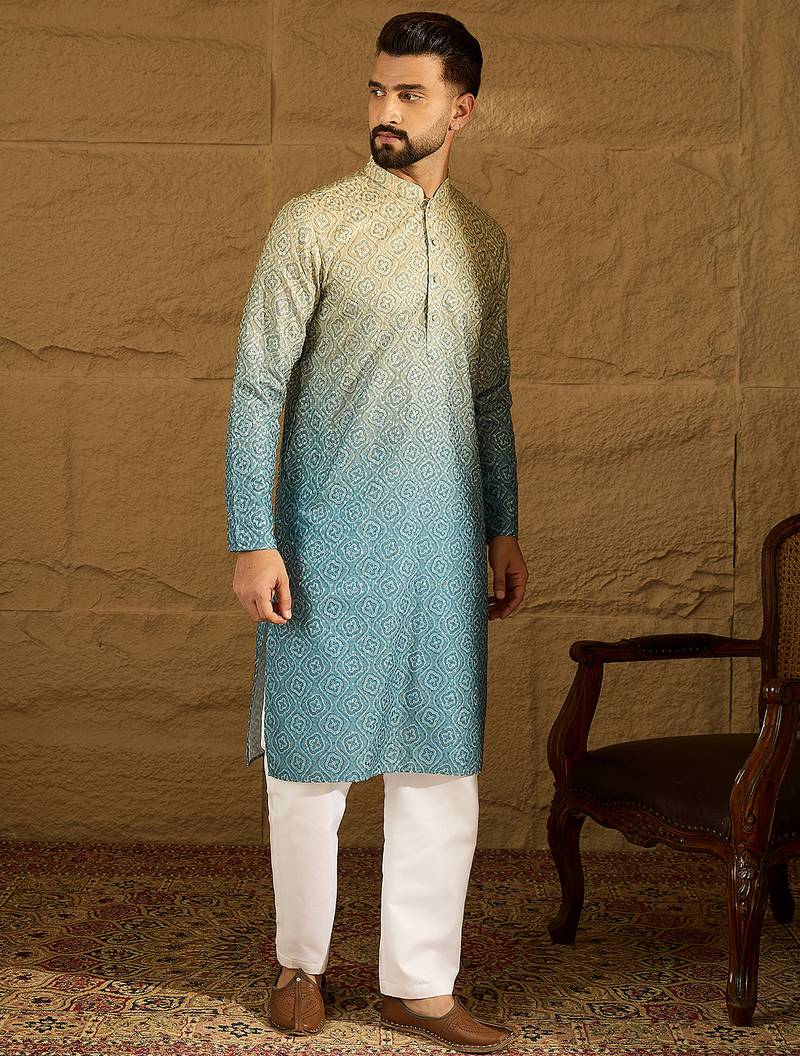 Men blue cotton bandhani embroidered straight kurta