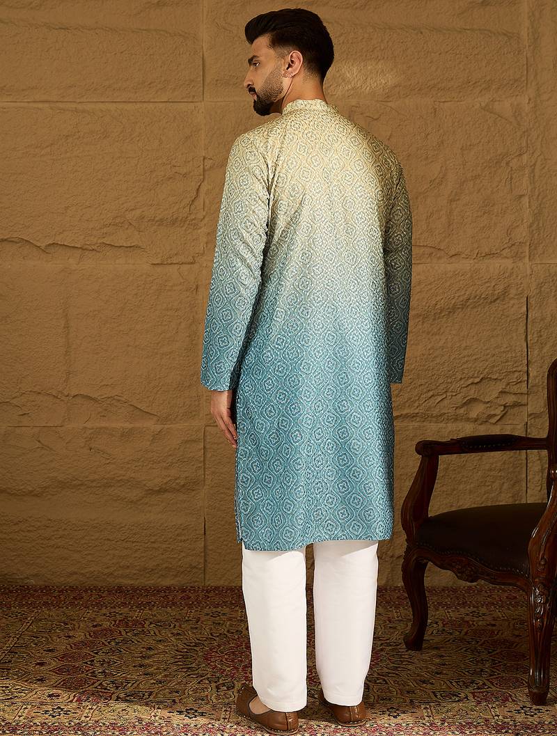 Men blue cotton bandhani embroidered straight kurta