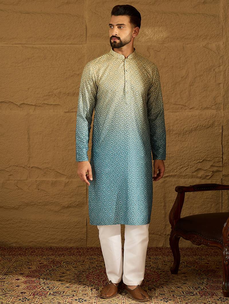 Men blue cotton bandhani embroidered straight kurta