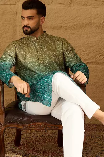 Men green cotton bandhani embroidered straight kurta