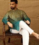 Men green cotton bandhani embroidered straight kurta