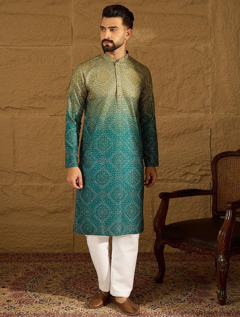 Men green cotton bandhani embroidered straight kurta