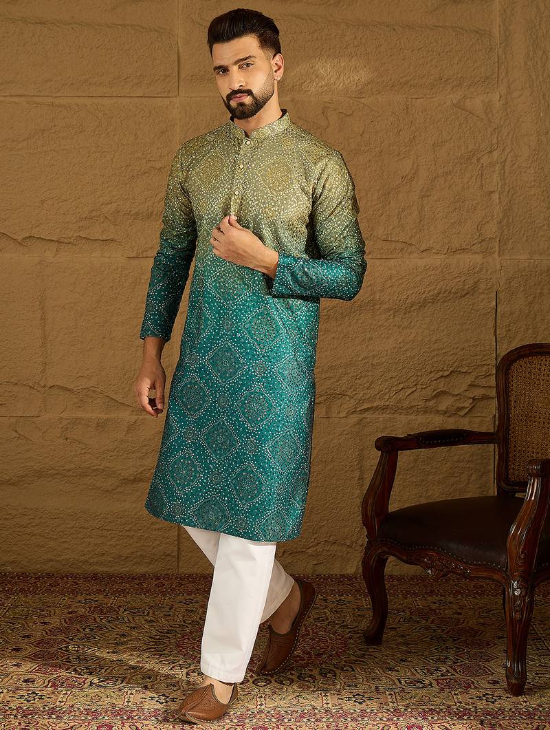 Men green cotton bandhani embroidered straight kurta
