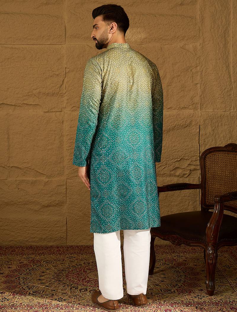 Men green cotton bandhani embroidered straight kurta