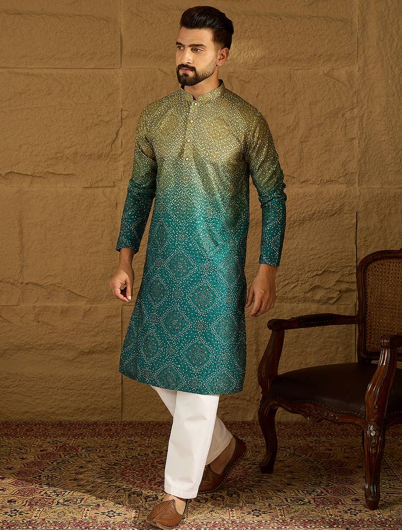 Men green cotton bandhani embroidered straight kurta