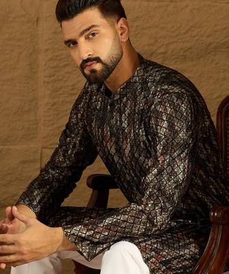 Men black viscose rayon striped printed straight kurta 1