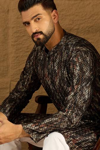 Men black viscose rayon striped printed straight kurta
