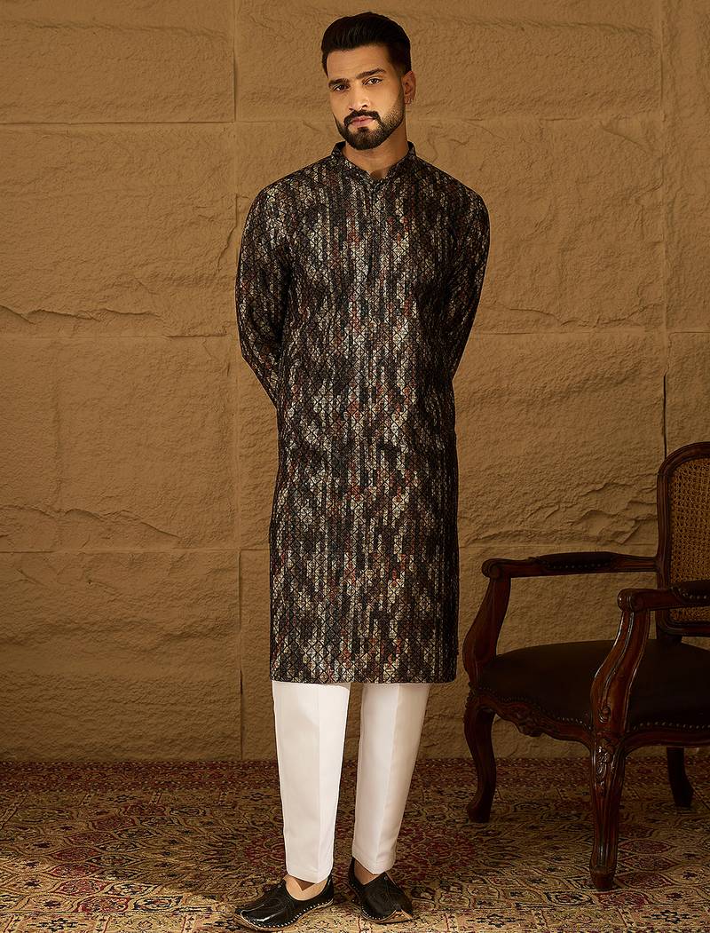 Men black viscose rayon striped printed straight kurta