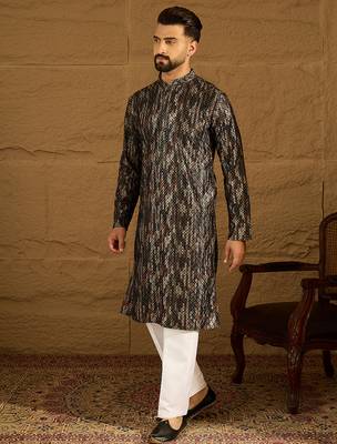 Men black viscose rayon striped printed straight kurta 3