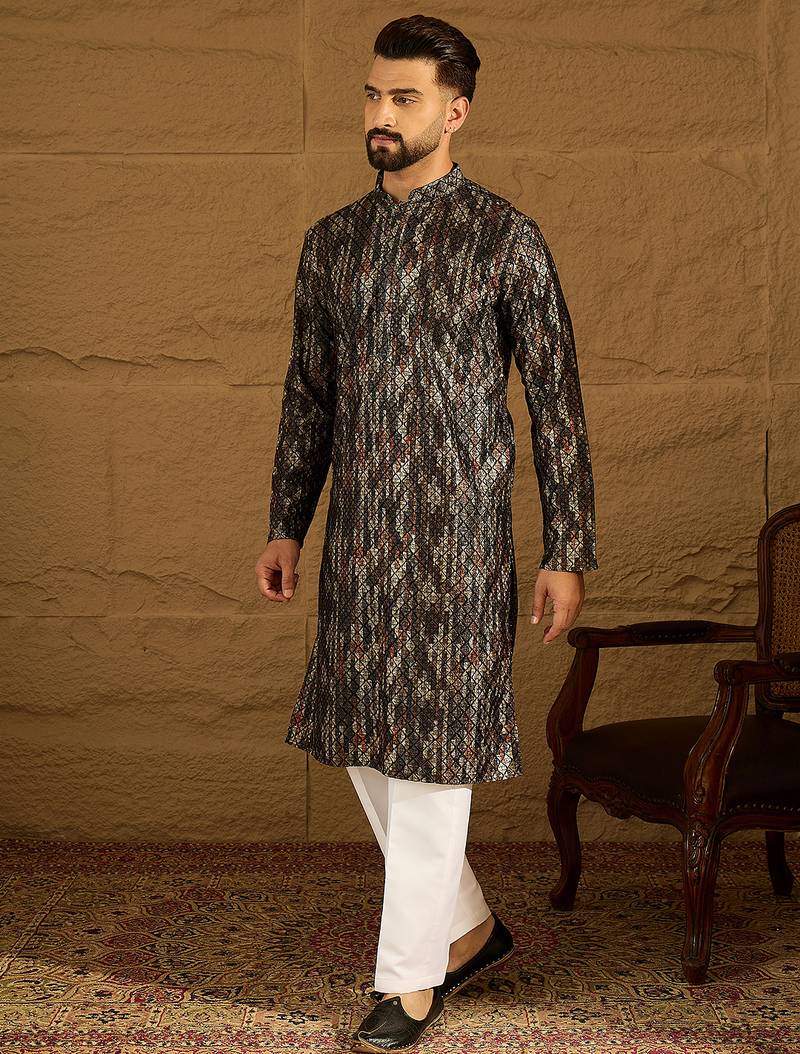 Men black viscose rayon striped printed straight kurta