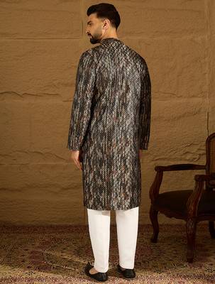 Men black viscose rayon striped printed straight kurta 4