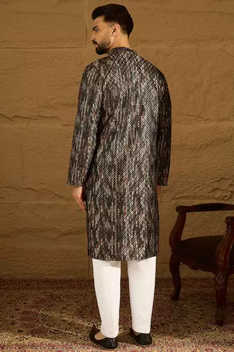 Men black viscose rayon striped printed straight kurta