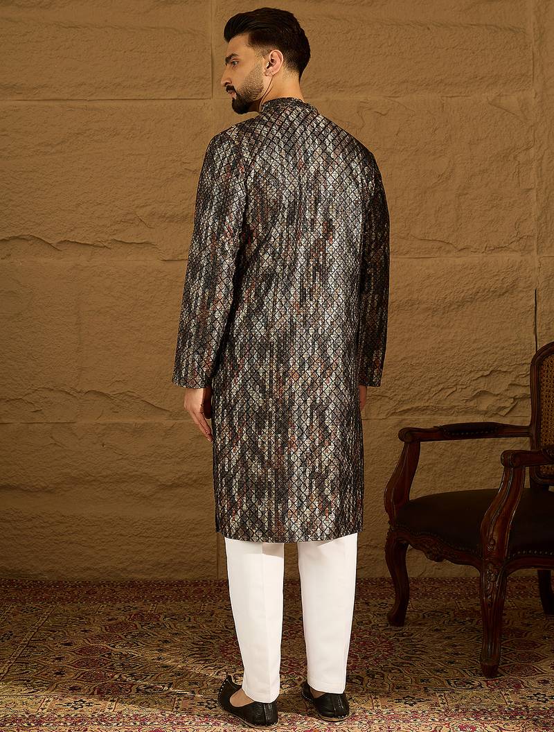 Men black viscose rayon striped printed straight kurta
