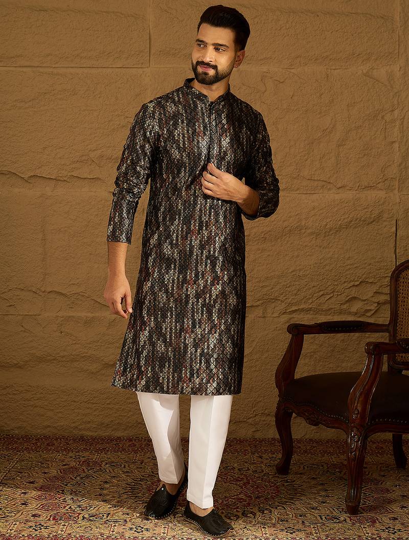 Men black viscose rayon striped printed straight kurta