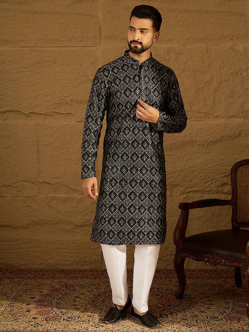 Men black viscose rayon geometric printed straight kurta