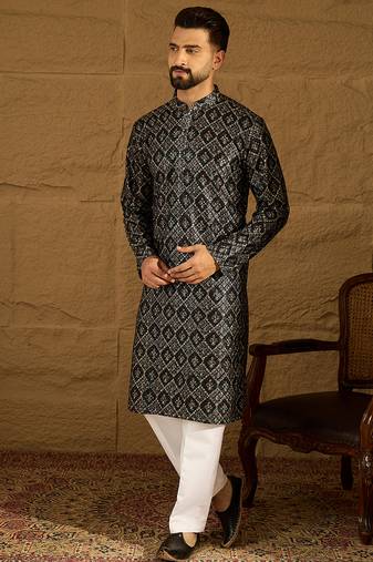Men black viscose rayon geometric printed straight kurta