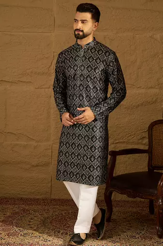 Men black viscose rayon geometric printed straight kurta
