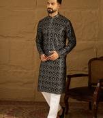 Men black viscose rayon geometric printed straight kurta