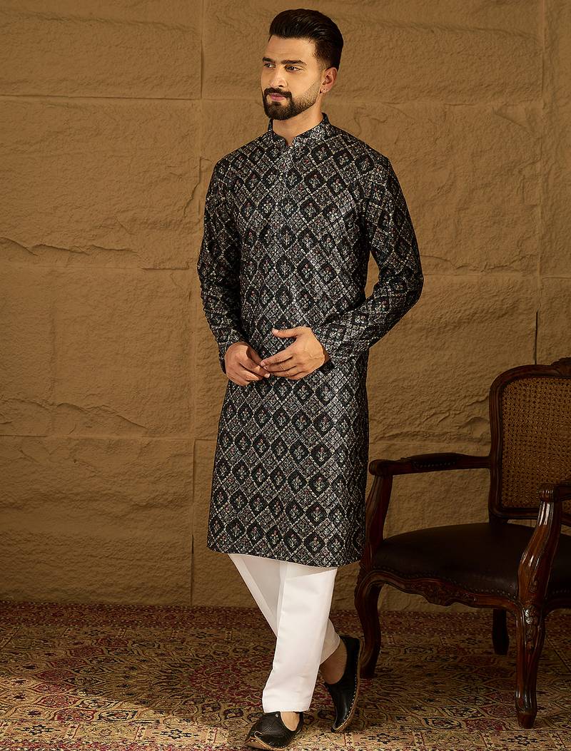 Men black viscose rayon geometric printed straight kurta