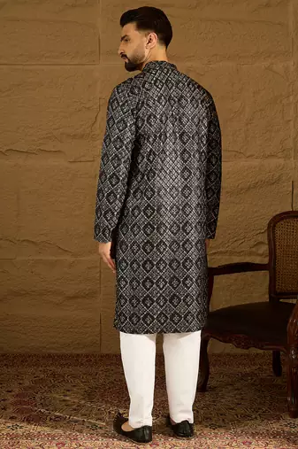 Men black viscose rayon geometric printed straight kurta