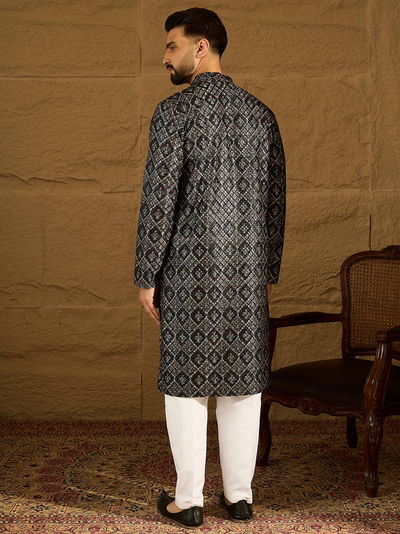 Men black viscose rayon geometric printed straight kurta