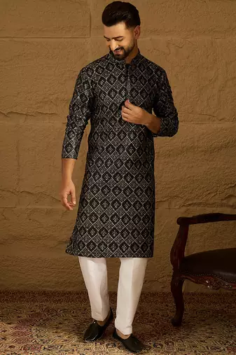 Men black viscose rayon geometric printed straight kurta