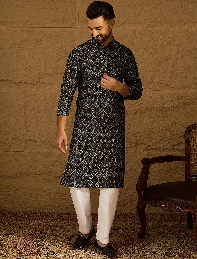 Men black viscose rayon geometric printed straight kurta