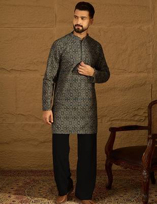 Men navy blue viscose rayon geometric printed straight kurta 1