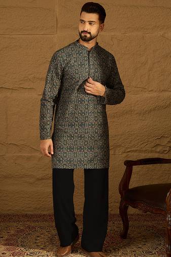 Men navy blue viscose rayon geometric printed straight kurta