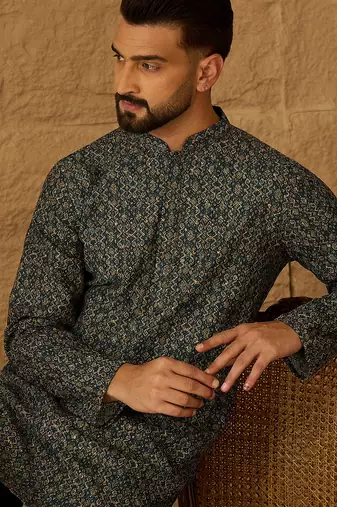 Men navy blue viscose rayon geometric printed straight kurta