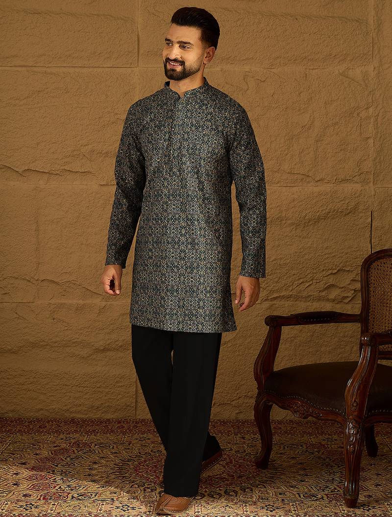 Men navy blue viscose rayon geometric printed straight kurta