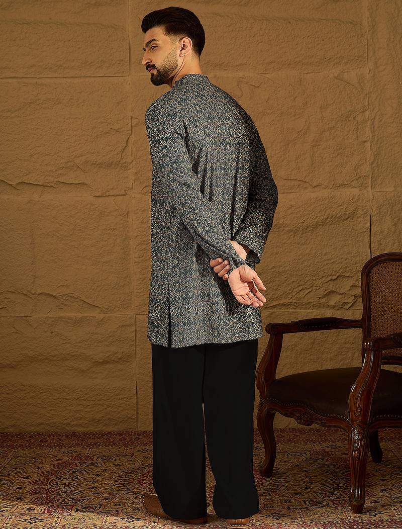 Men navy blue viscose rayon geometric printed straight kurta