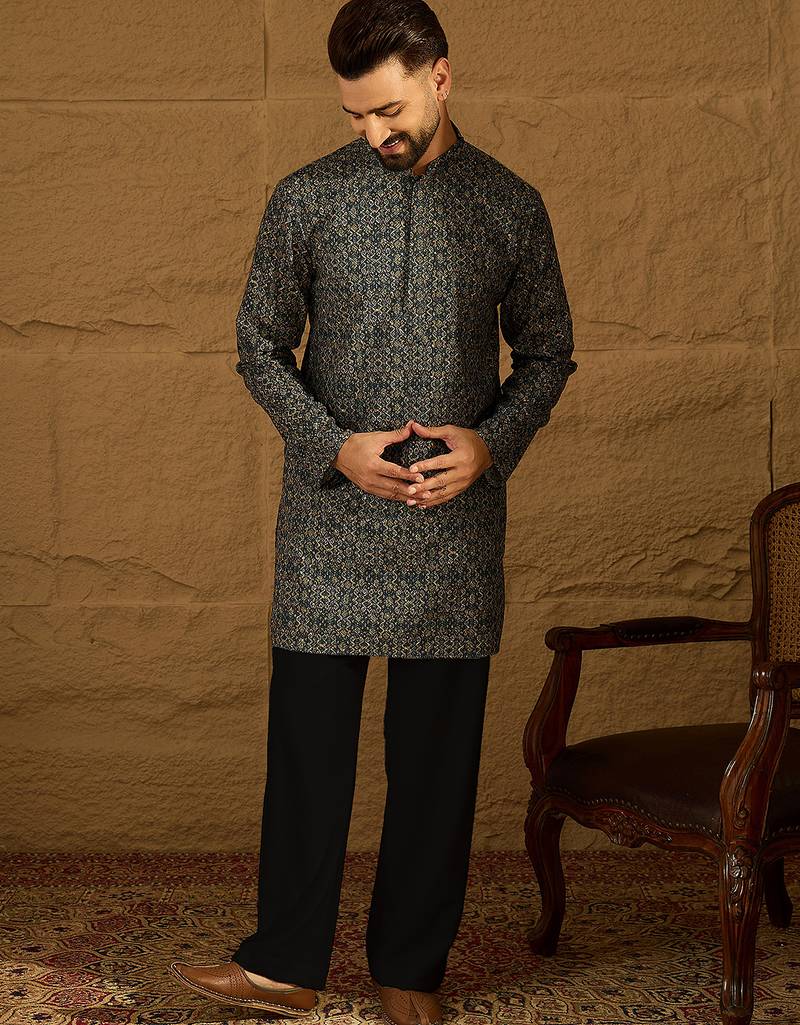 Men navy blue viscose rayon geometric printed straight kurta