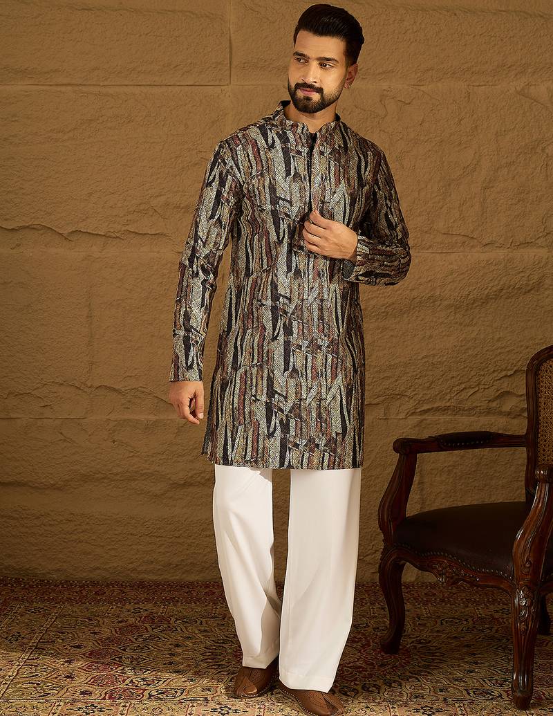 Men black viscose rayon abstract printed straight kurta