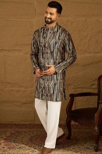 Men black viscose rayon abstract printed straight kurta