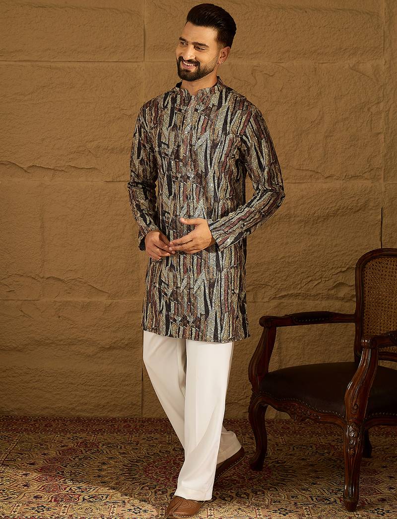 Men black viscose rayon abstract printed straight kurta