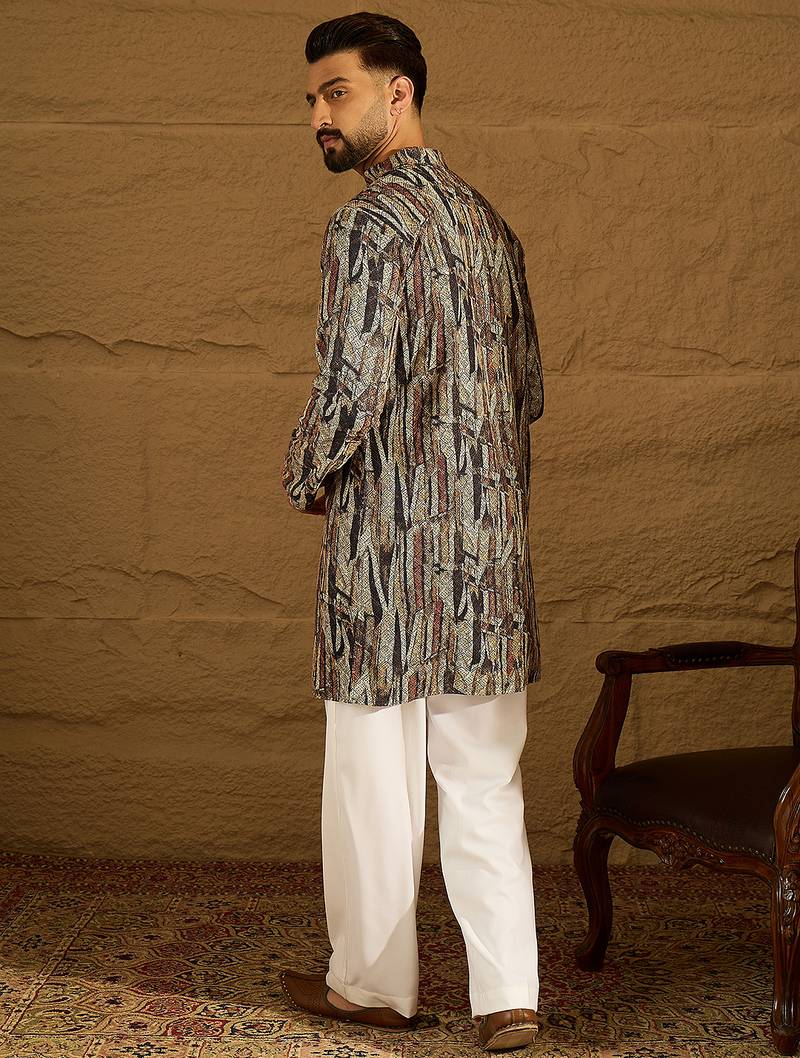 Men black viscose rayon abstract printed straight kurta