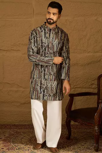 Men black viscose rayon abstract printed straight kurta