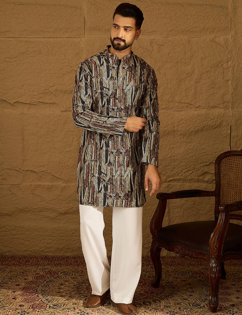 Men black viscose rayon abstract printed straight kurta