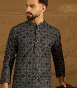 Men black cotton solid embroidered straight kurta
